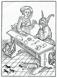 De auoutry, e especialmente deles yt ar bawdes para seus wyues, knowynge e wyll nat knowe, mas kepe counseyll, para couetyse, e gaynes ou auauntage, ilustração do tra inglês de Alexander Barclay